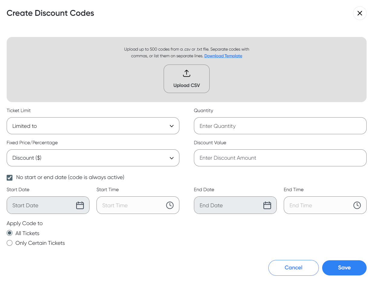 Bulk Upload Promotional Codes