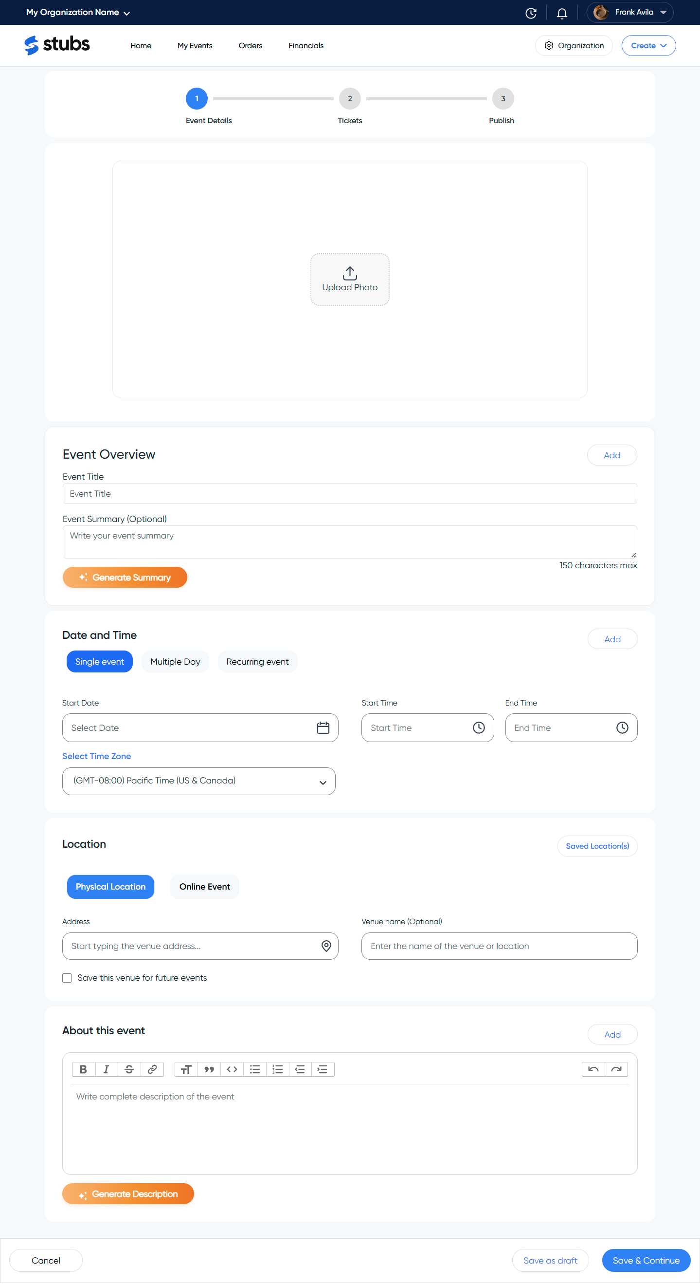 Event creation form interface